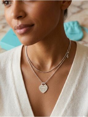 Tiffany & Co. Return to Tiffany Heart Tag Necklace 34" Bead Ball Chain 925 Pouch